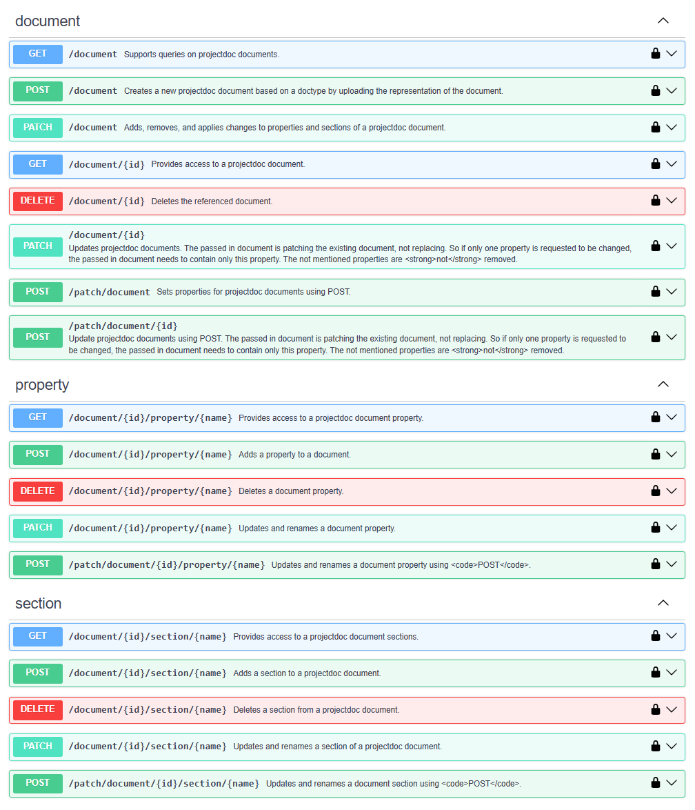 Selection of the REST API resources and services provided by the Web API Extension for the projectdoc Toolbox shown in the new Swagger UI