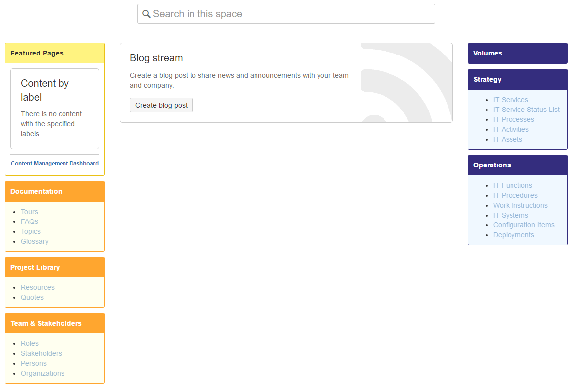 Example of a space homepage