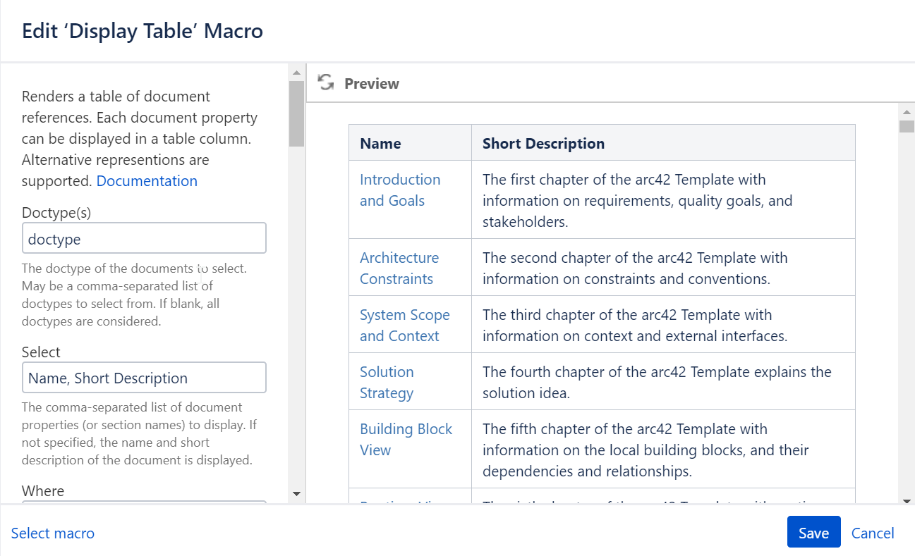 Macro editor showing the Display Table Macro querying for doctypes, showing name and short description