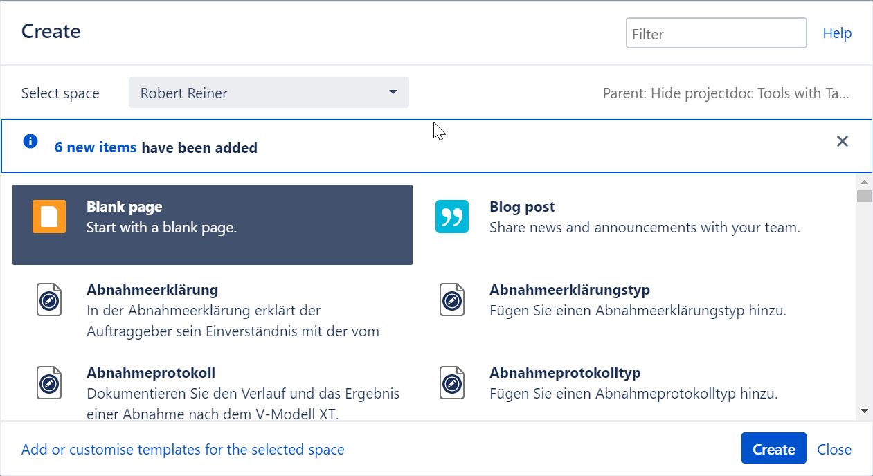 Screenshot showing the Blueprint Wizard with projectdoc Blueprints