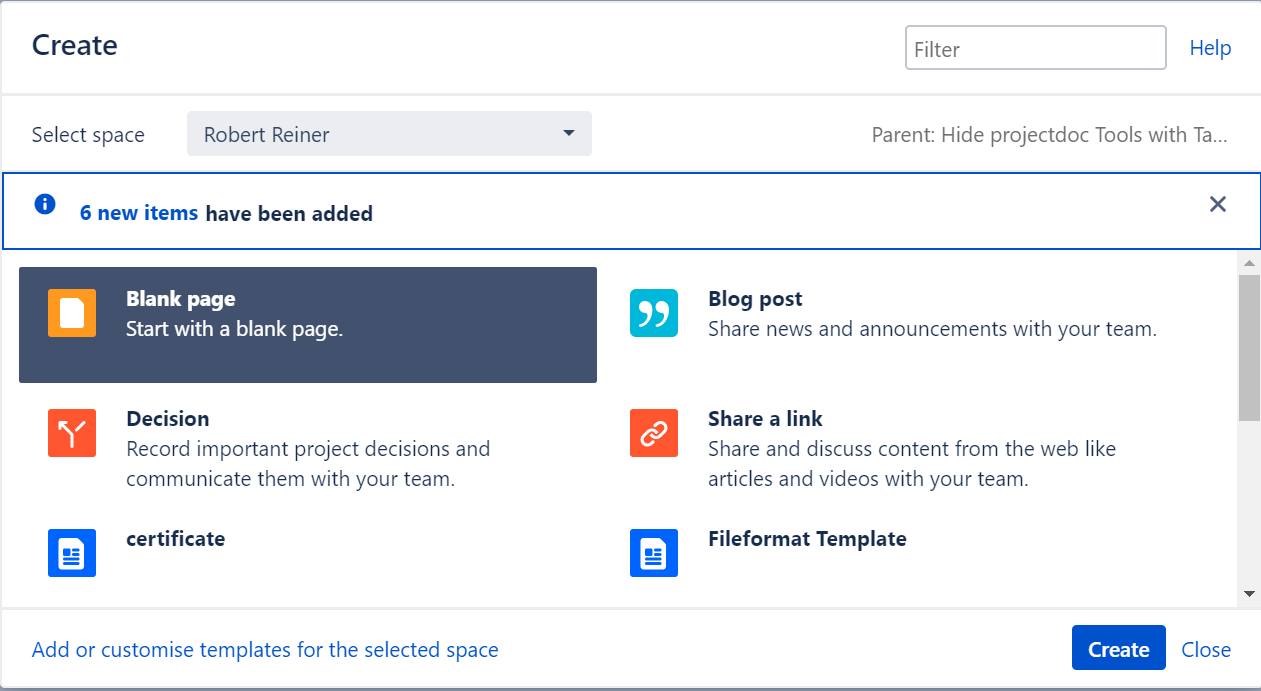Screenshot showing the Blueprint Wizard without projectdoc Blueprints