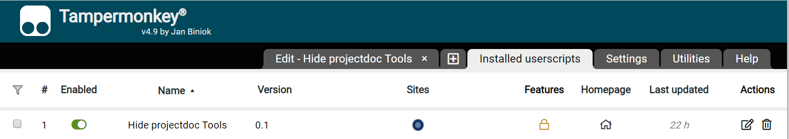Screenshot showing the installed userscript in with Tampermonkey
