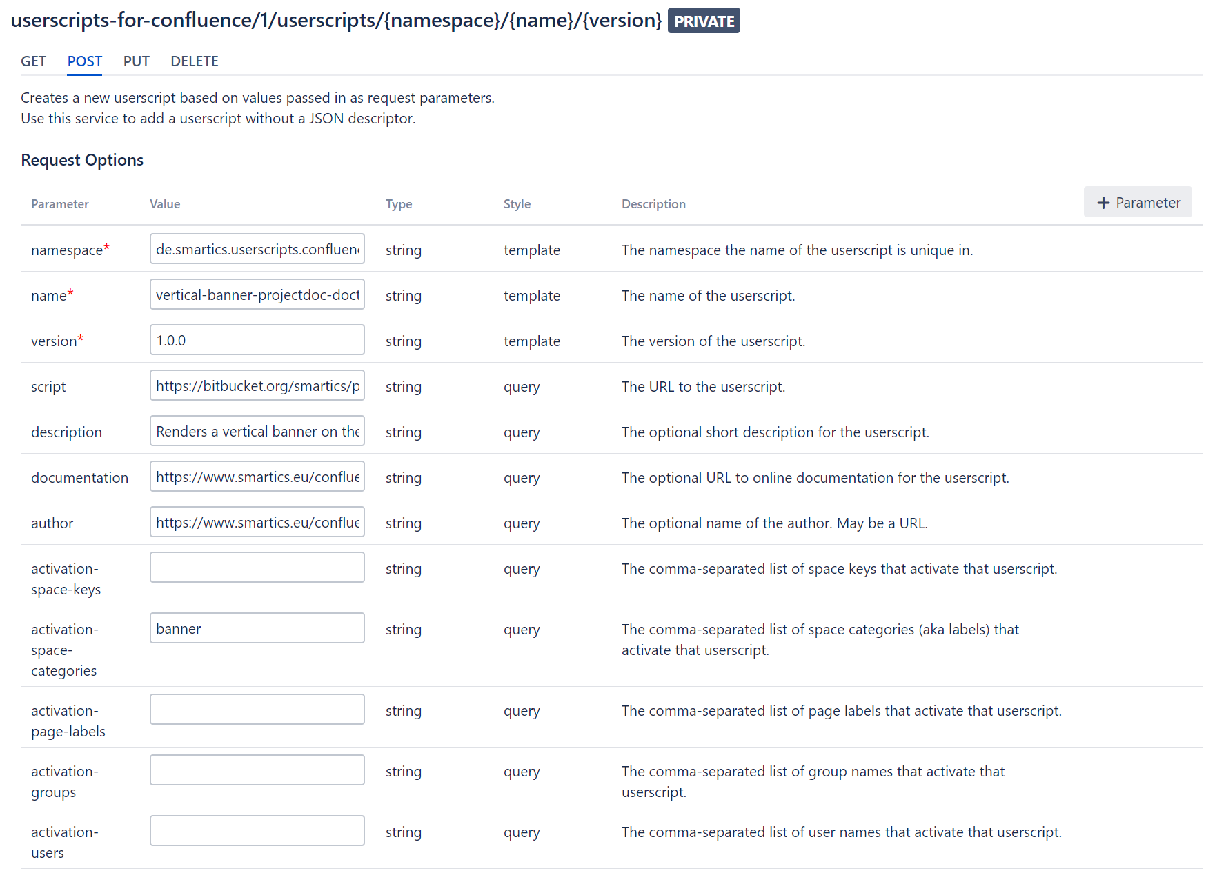 Screenshot of the REST API Browser with the configuration for this userscript.