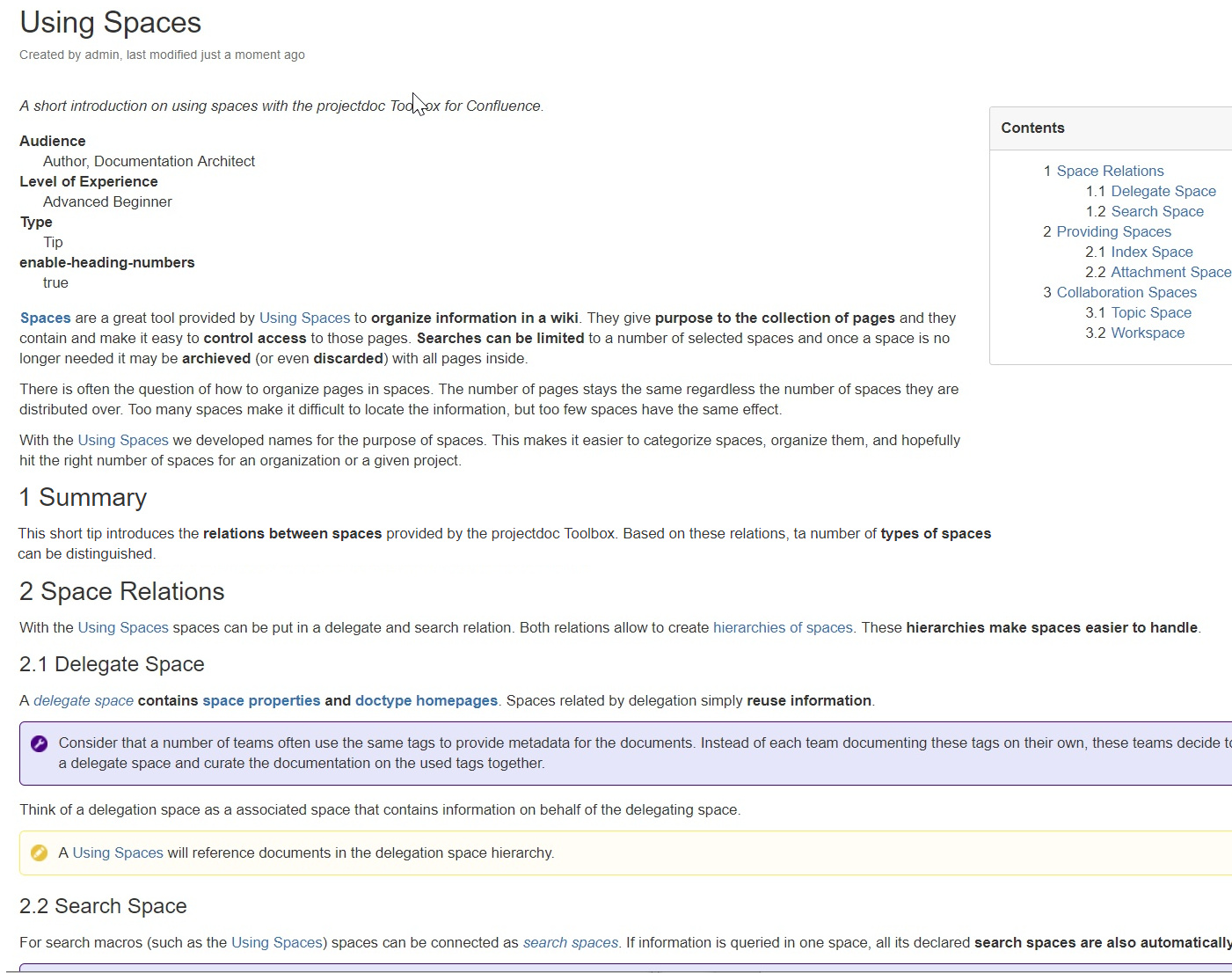 Screenshot of a page where the Summary section has a heading number, but is not shown in the table of contents