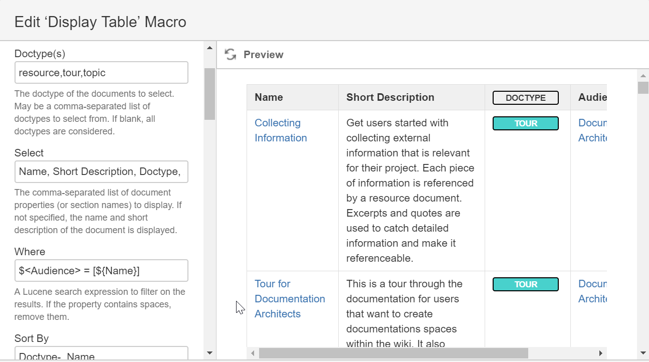 Display Table Macro in the Macro Editor