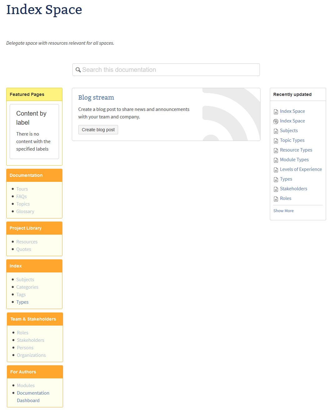 The new index space provides homepages to categorizing documents that are relevant to all your spaces.