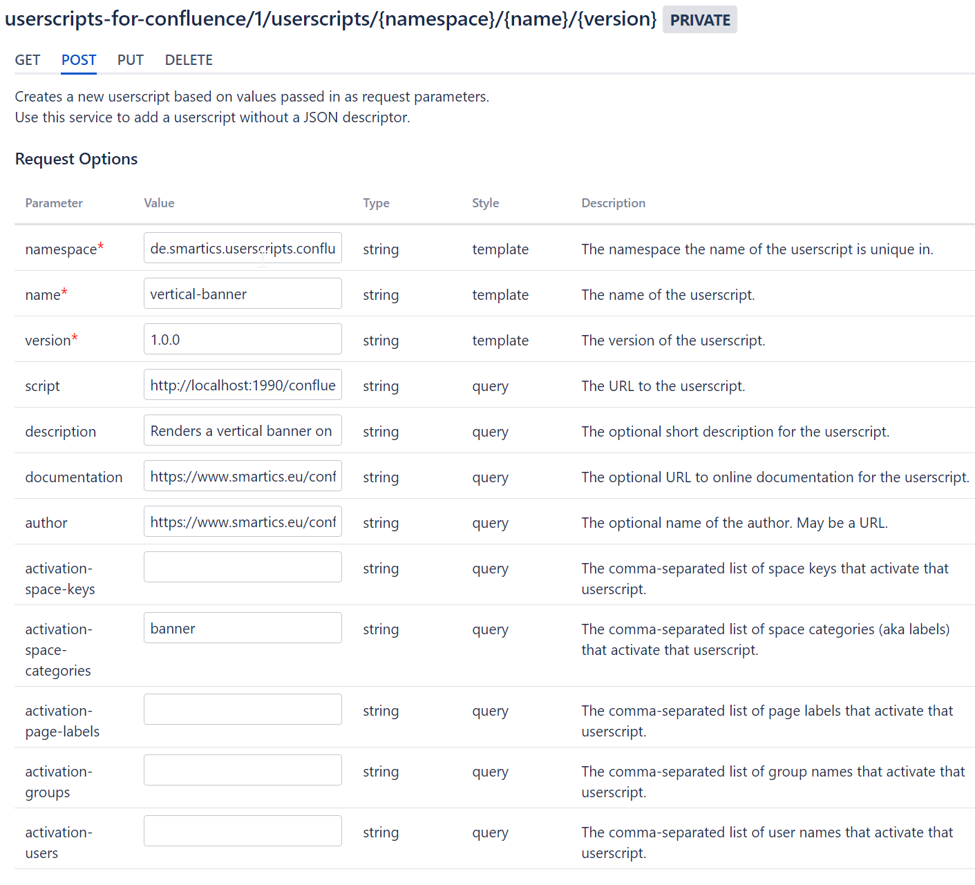 Screenshot of the REST API Browser with the configuration for this userscript.