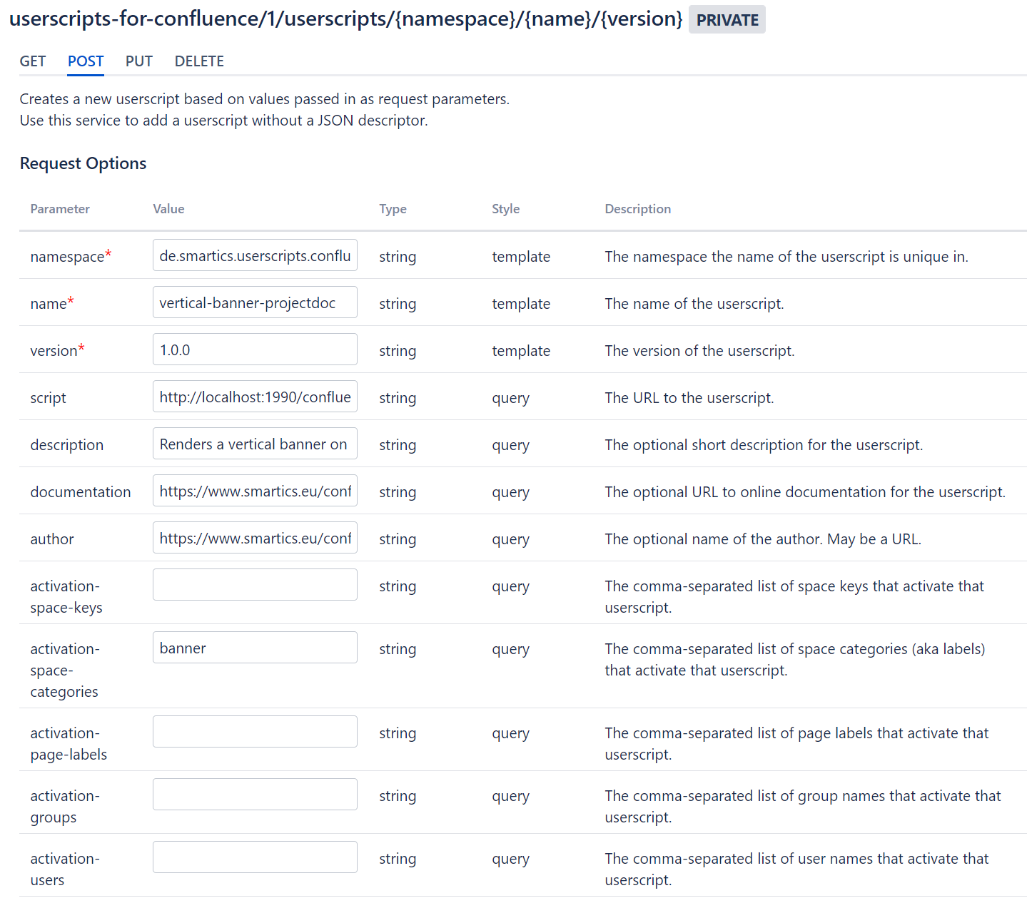 Screenshot of the REST API Browser with the configuration for this userscript.