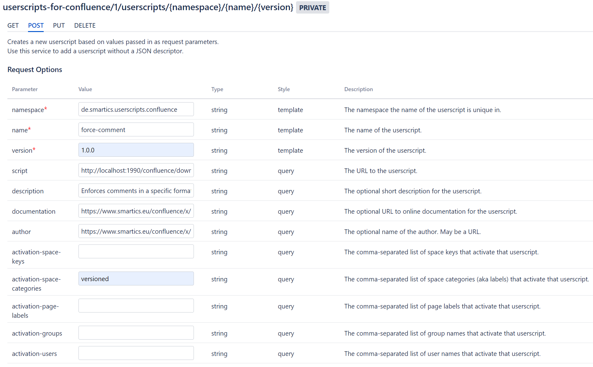 Screenshot of the REST API Browser with the configuration for this userscript.