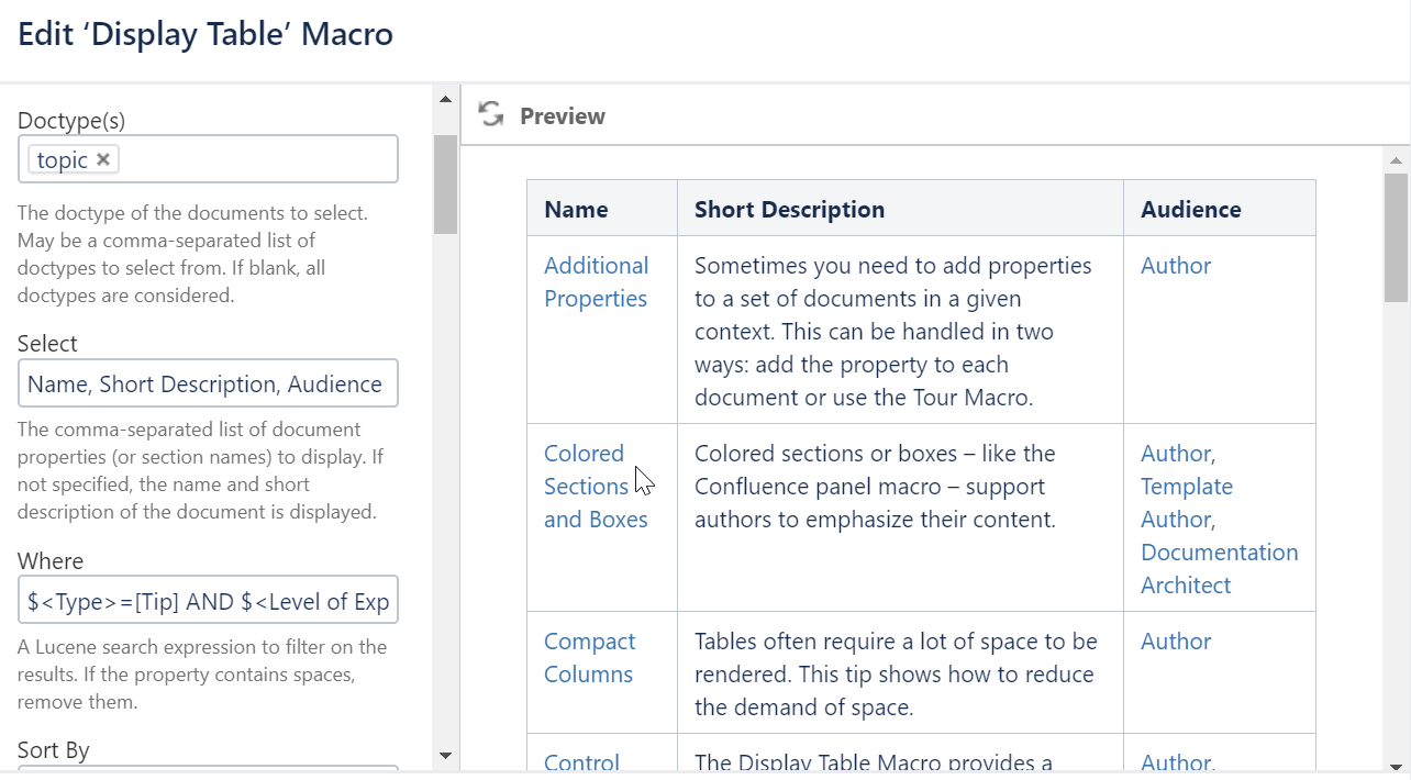Again the Display Table Macro in the Macro Editor, this time with encoded properties in the Where constraint