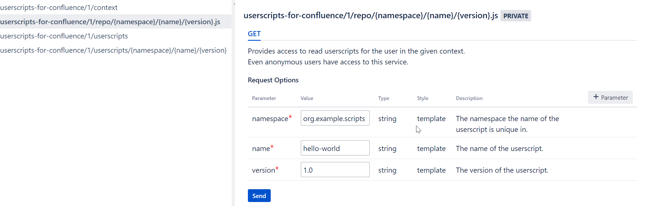 Screenshot shows the REST API Browser with the Userscript Identifier to check if it is accessible.