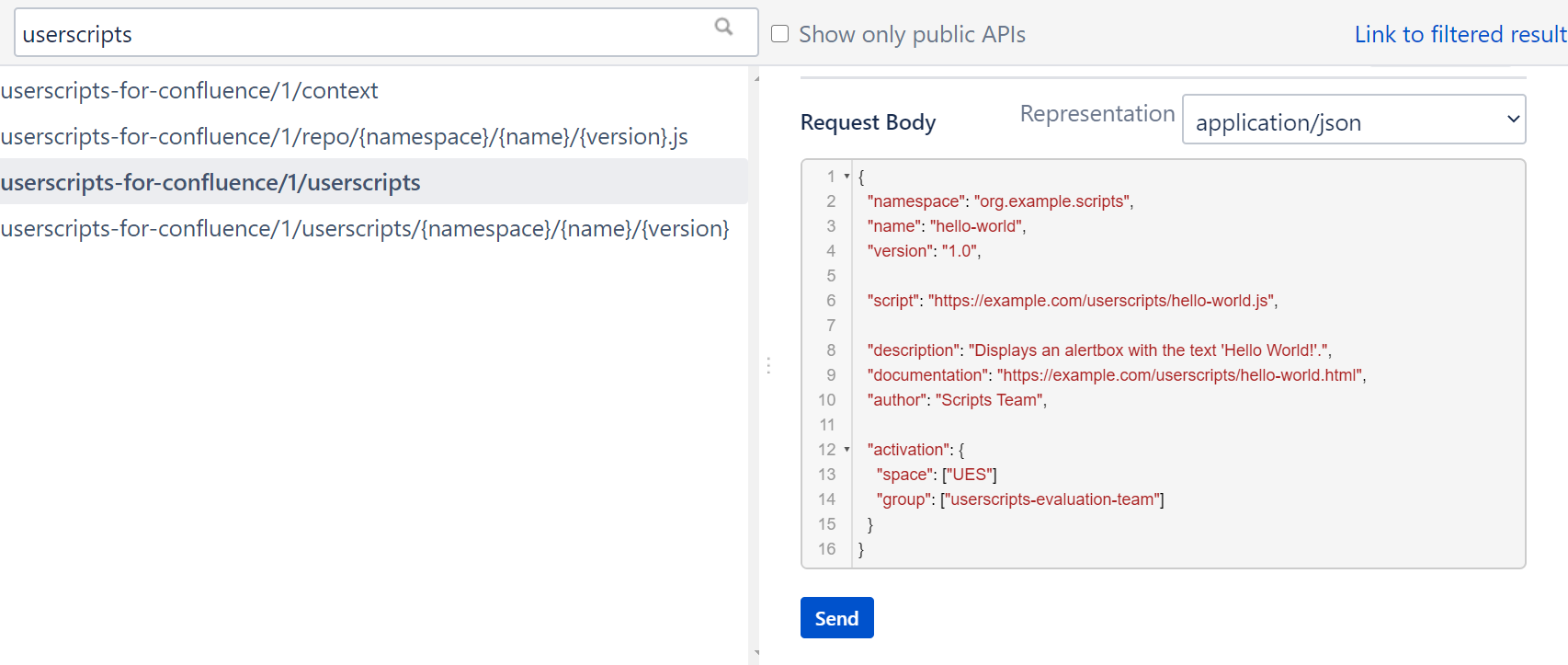 Screenshot showing the userscript in the user interface of the REST API Browser on Confluence.