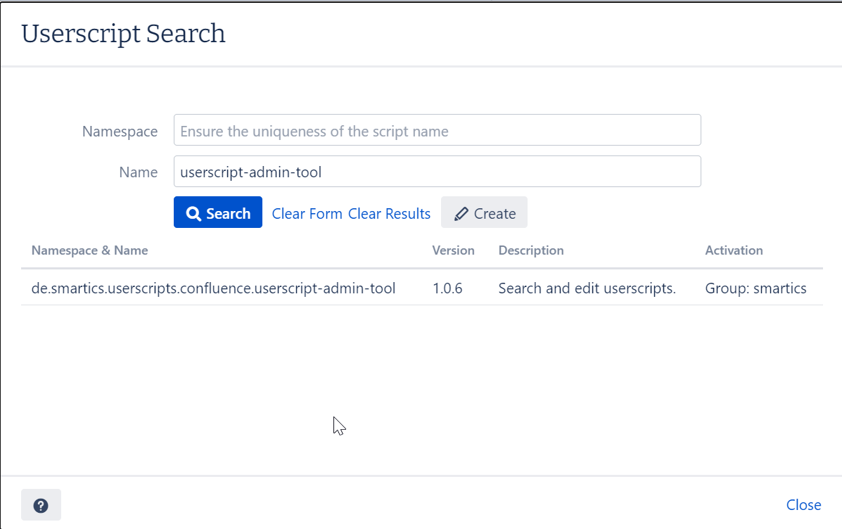 Screenshot shows the Userscript Search Dialog with one hit.